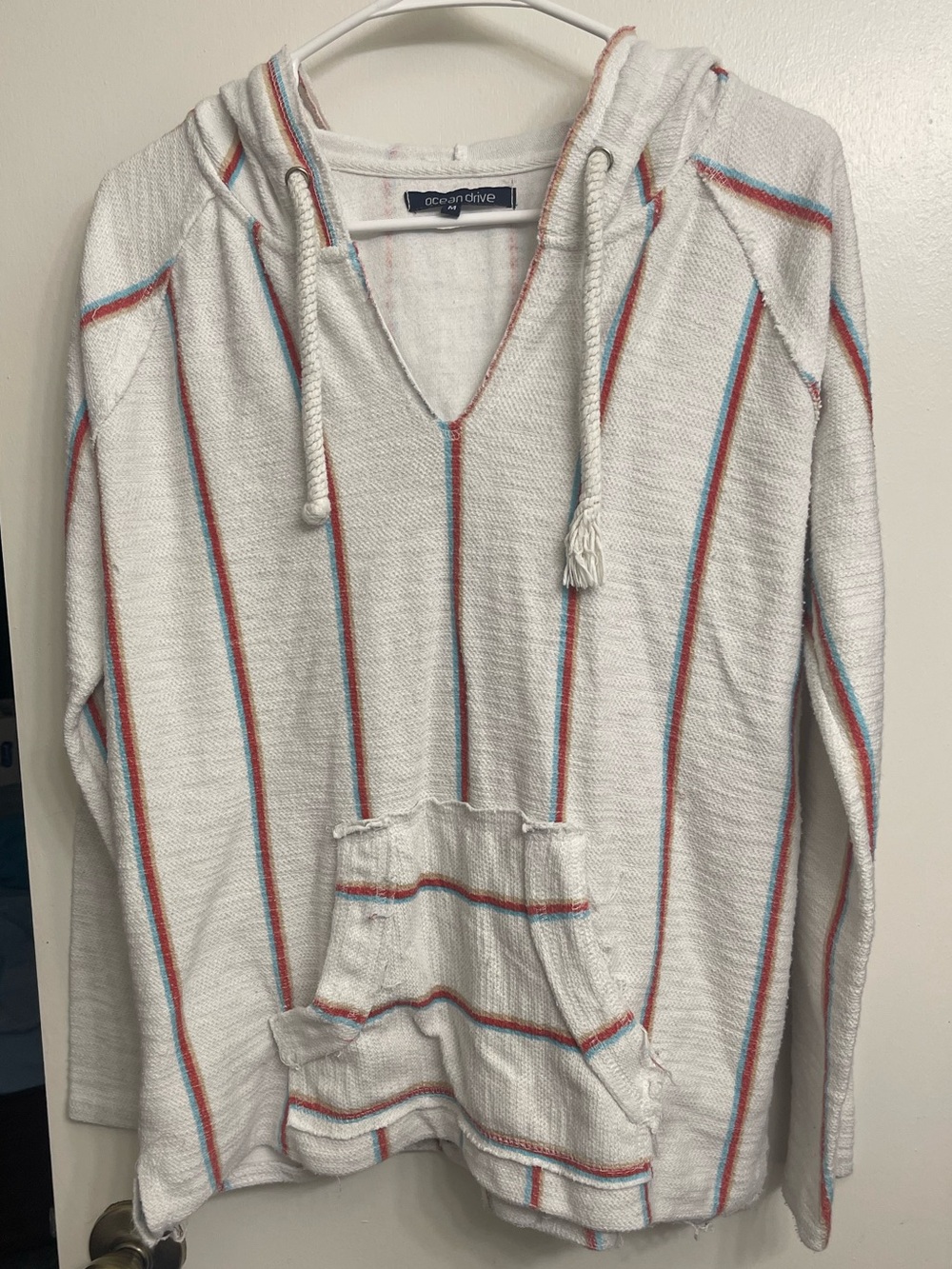 Ocean Drive Cream V‑Neck Hoodie with Red and Light Blue Stripes